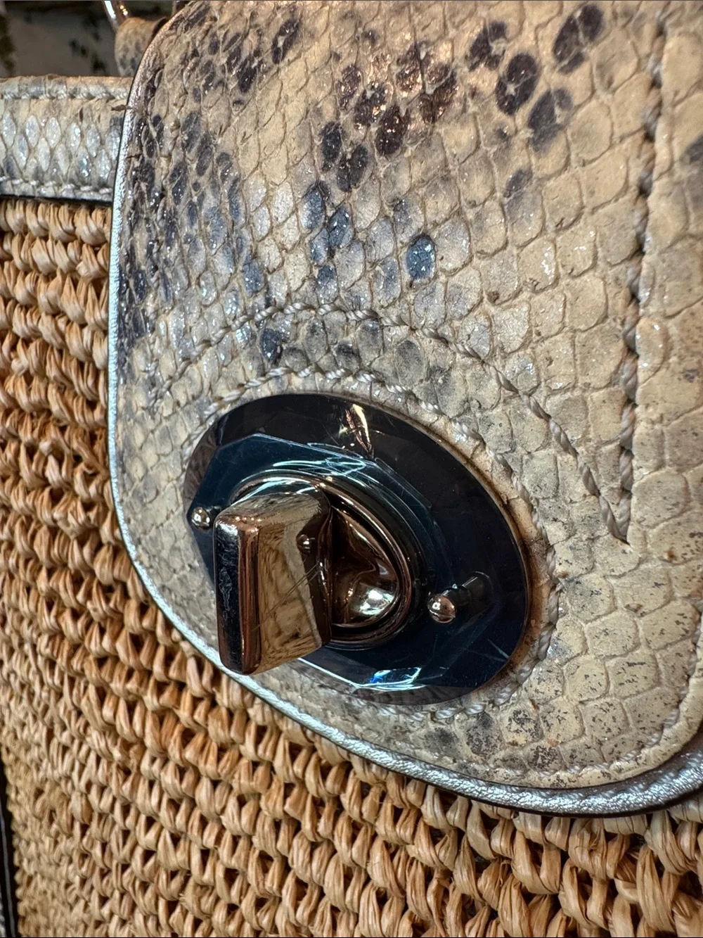 Coach Natural Straw Tote with Gray Snakeskin Trim